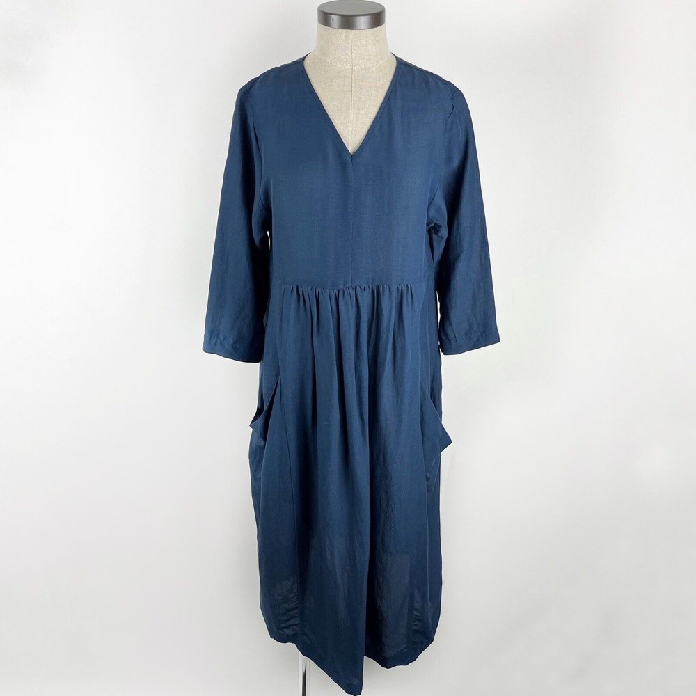 LISA BAYNE Navy Blue 3/4 Sleeve Linen Rayon Pockets Lagenlook Dress